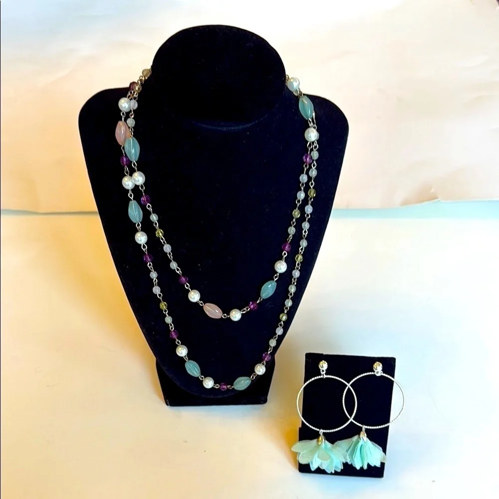 Elegant Multi-Color Beaded Necklace and  Silver Tone and Aqua Earring Set